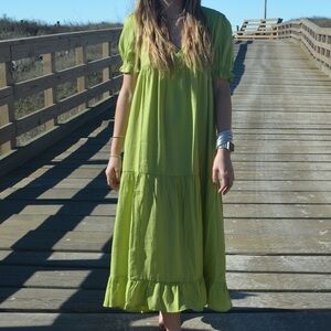 Green V-Neck Tiered Midi Dress